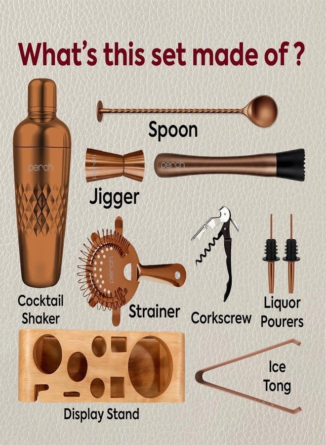 Perch O Holic Cocktail Shaker Gift Set |10-Piece Stainless Steel Bartender Kit with Mango Wooden Stand|Accessories for Home Bar|Gift Box for Winters, Birthday, Wedding,Anniversary,Christmas |Rose Gold - Image 2